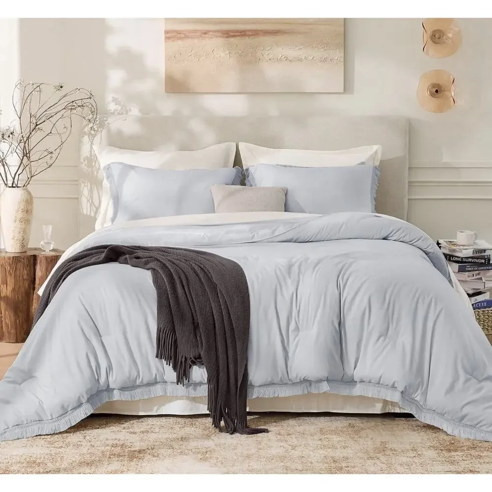 Andency Light Grey Comforter Set Queen, 3 Pieces Boho Tassel Light Gray